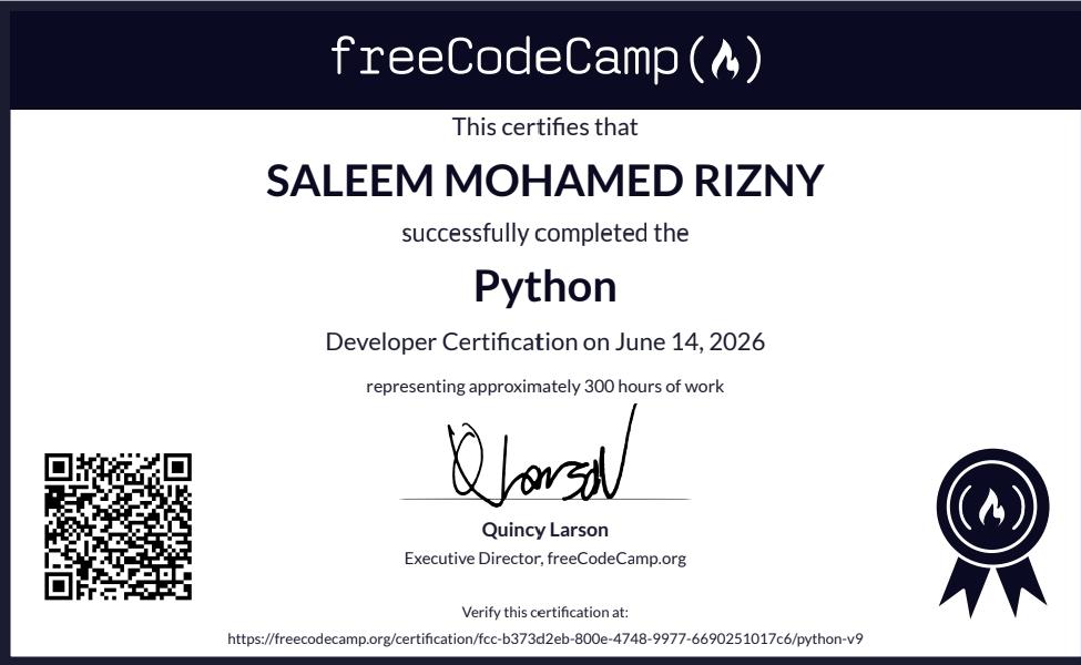freeCodeCamp Python Developer Certification